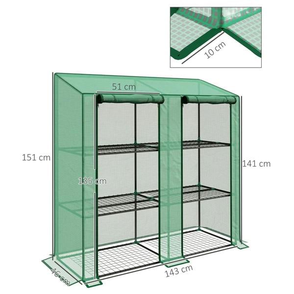 Green mini greenhouse frame with three wire shelves and mesh side panels, corner view