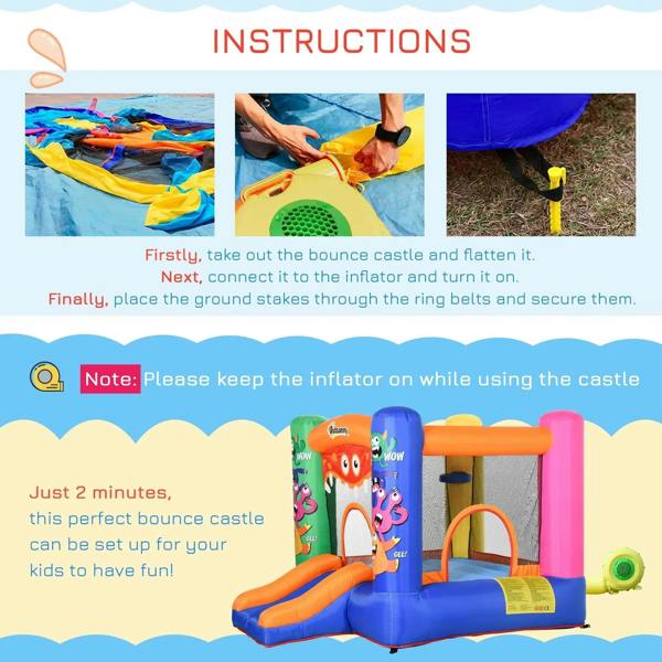 Monster inflatable bounce castle with orange slide and basket arch, blue and pink frame