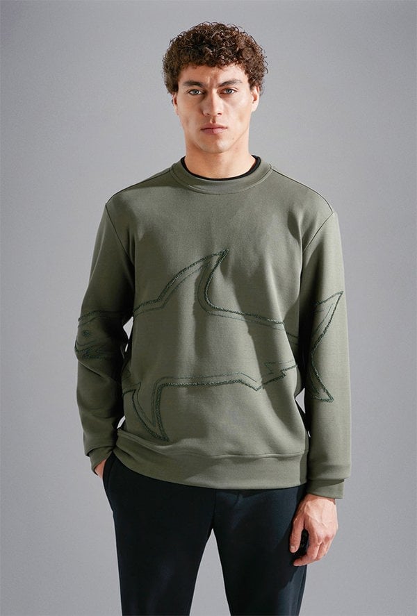 Paul & Shark Men's X-Soft Cotton Tencel Sweatshirt with Embroidered Shark - Green