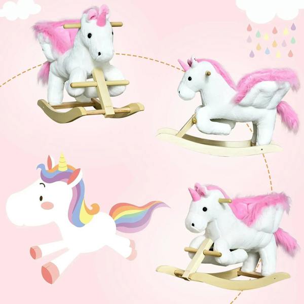 Pink and white plush unicorn rocking horse with wooden base and multiple rocking angles shown