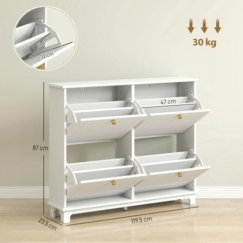 Wyld Haus Zisuka Wooden White Slim Shoe Cupboard With 4 Flip Drawers For 16 Pairs