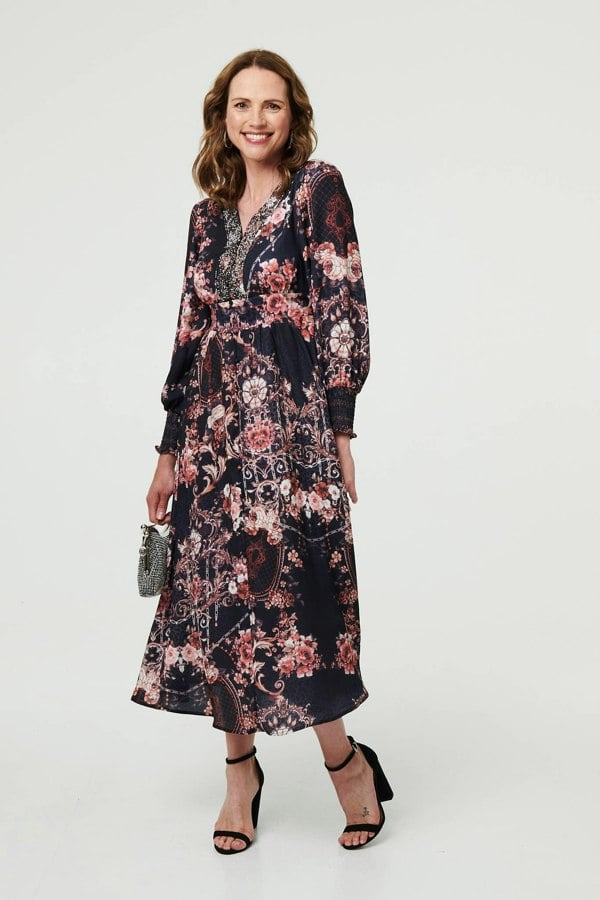 Black | Printed Long Sleeve Empire Maxi Dress
