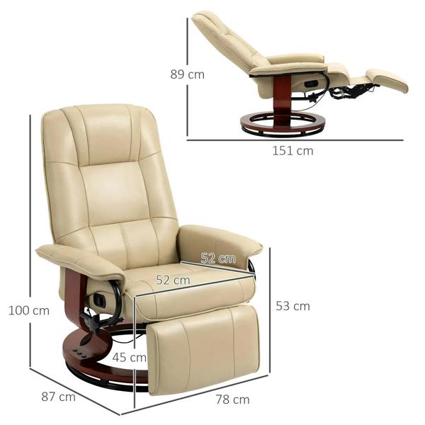 Cream white reclining swivel chair with footrest, with size dimensions diagram