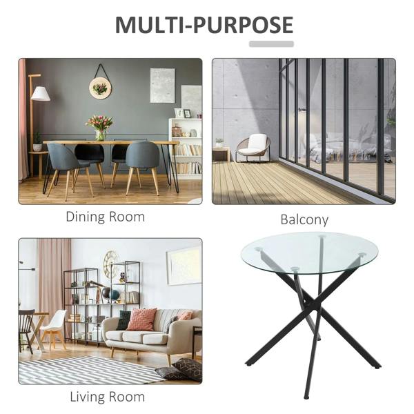 Round clear glass table with black X-frame legs for dining room or living room use