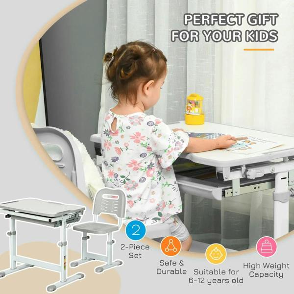 Kids adjustable writing desk and chair set with tilt tabletop, child at desk