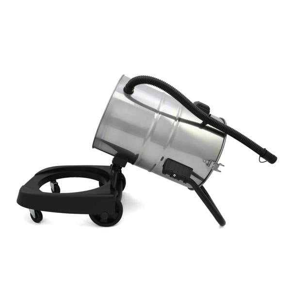 Stainless steel wet and dry vacuum with a black wheeled base, angled for easy access, featuring a flexible hose attachment