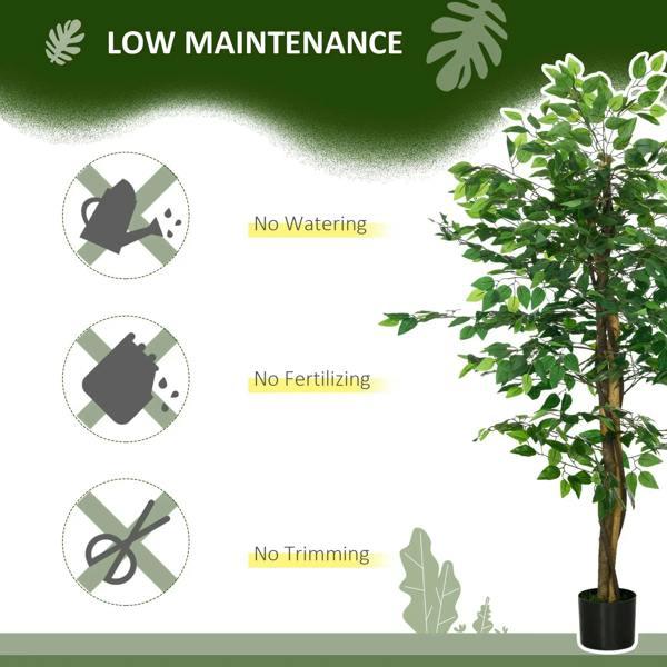 Green artificial ficus tree with dark pot and low-maintenance icons