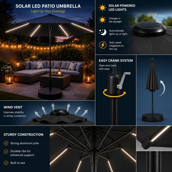 Glendale 2.7m LED Garden Parasol with Solar Lights & Tilt Mechanism
