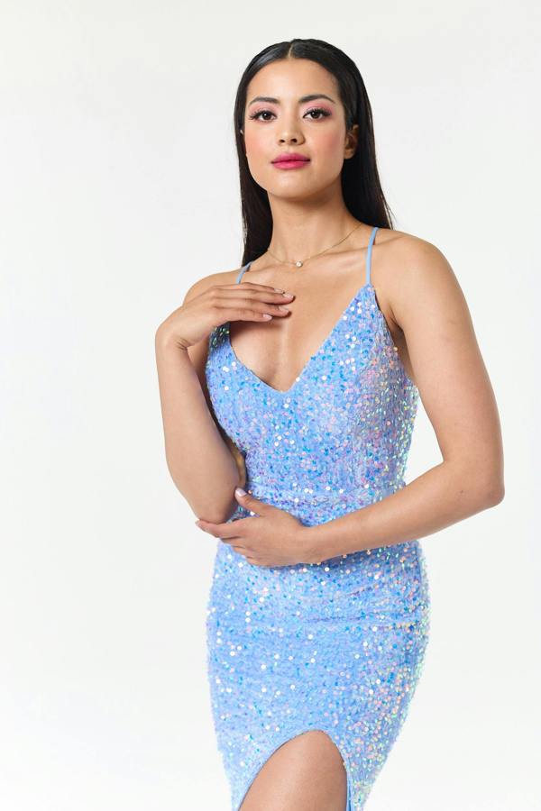 LuvForever Sora - Sky Blue Side Slit Sequin Maxi Dress