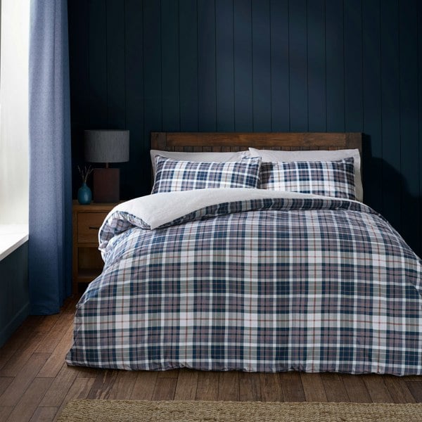Catherine Lansfield Cosy Sherpa Check Duvet Cover Set Navy Blue