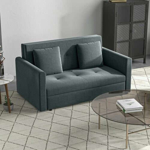 Bobobiy 2 Seater Sofa Bed with Hidden Storage, Pull Out Convertible Bed Settee, Modern Snow Flannel Loveseat Sofa Sleeper with 2 Cushions, Dark Grey