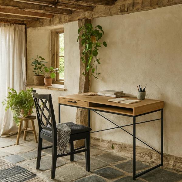 Wyld Haus El Paso Wild Oak Effect Desk with Drawer and Shelf Black Metal Base