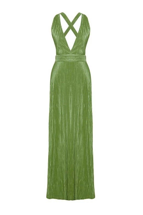 WOVCOR A-Line Belted Lined Knitted Long Elegant Evening Dress