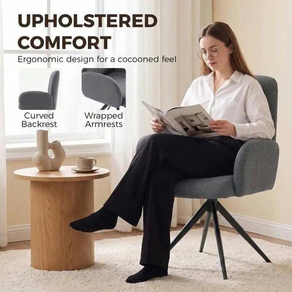 Swivel Accent Chair, Upholstered Linen-Look Armchair with Curved Backrest, Wrapped Armrests for Living Room, Grey