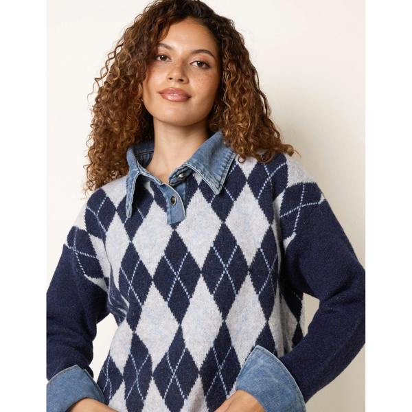 Blue Vanilla Argyle Knit Polo Jumper