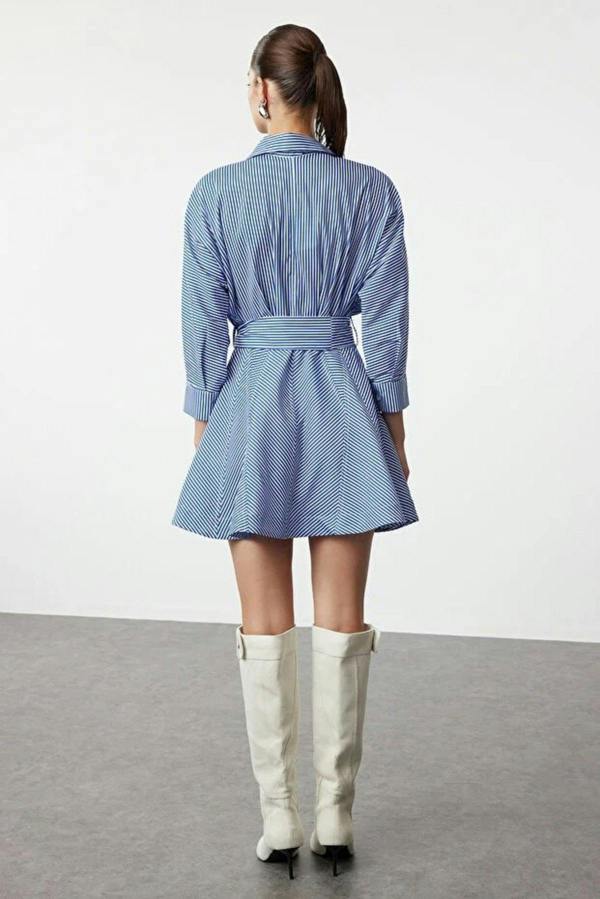 WOVCOR Striped Mini Woven Shirt Dress with Belt Detail