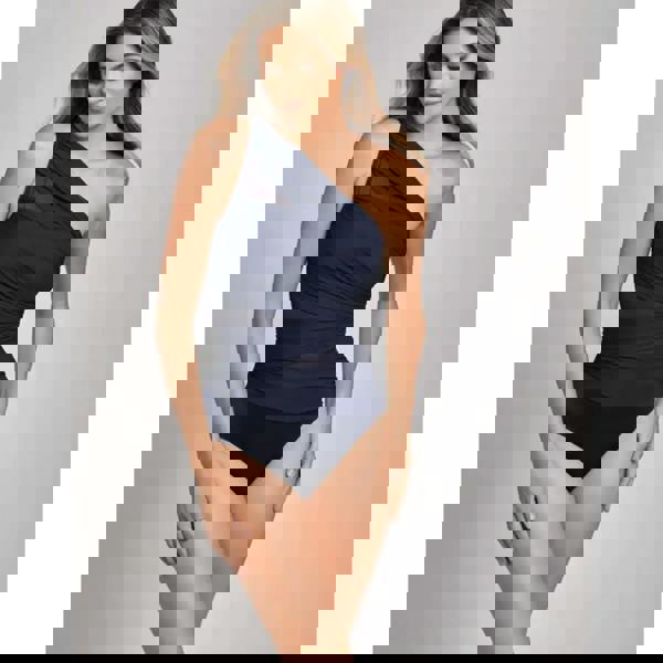 Stylish Miraclesuit Network Jena swimsuit in midnight blue with one-shoulder ruching and mesh