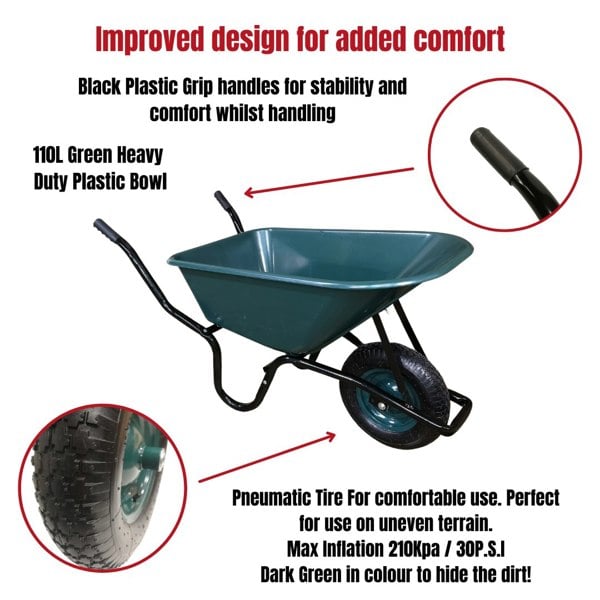 Samuel Alexander 110 Litre 150kg Capacity Heavy Duty Outdoor Pneumatic Plastic Garden Wheelbarrow in Green