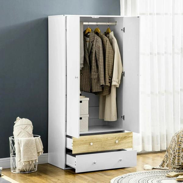 White wardrobe with open doors, hanging rail, and two drawers