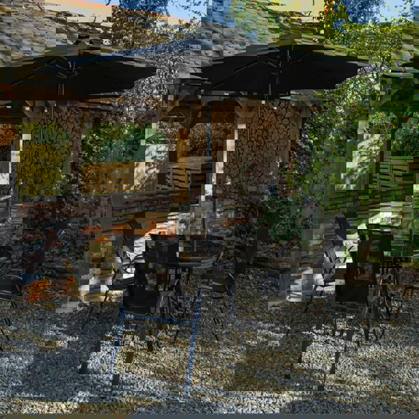 Samuel Alexander Outdoor 4 Person Round Glass Top Garden Dining Table Chairs With Black Parasol and Base Set