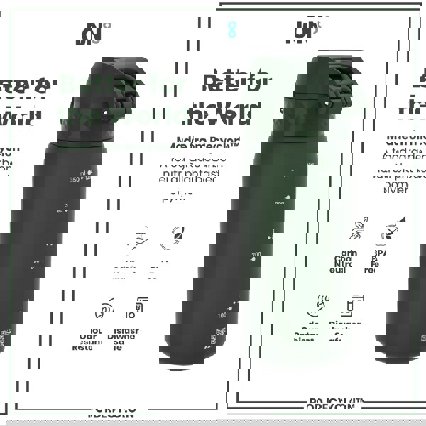 A dark-green water bottle sits against a white background; it's made from a plant-based polymer, is BPA-free, dishwasher-safe, and carbon-neutral.