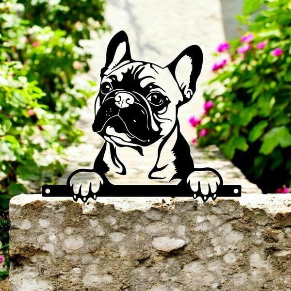 EDH Door Hardware Metal Frenchie Peeking Dog Silhouette – 28cm x 32cm | Decorative Metal French Bulldog Art for Home & Garden Décor