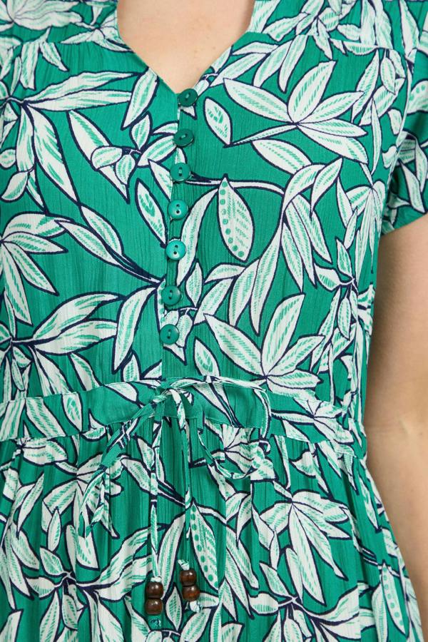 Mudflower Leaf Print Button-Up Elasticated Tie-Front Flared Midi Dress