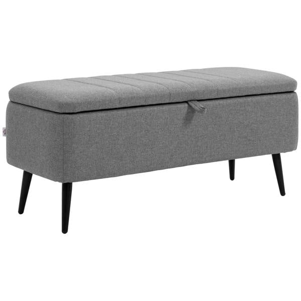 Grey rectangular storage ottoman with flip-top lid and tapered steel legs