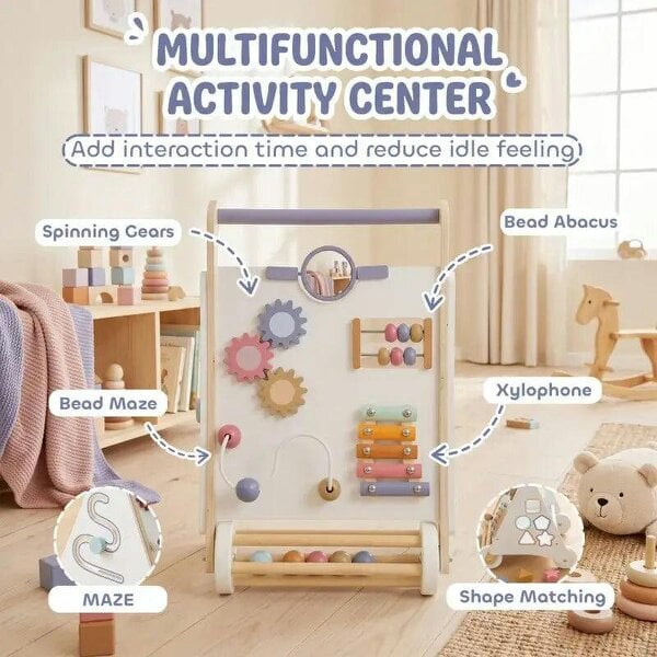Bobobiy Wooden Baby Walker, Montessori Push Along Toy with 5 Blocks and Xylophone Mallet, Adjustable Speed for Toddlers 1.5-3Y