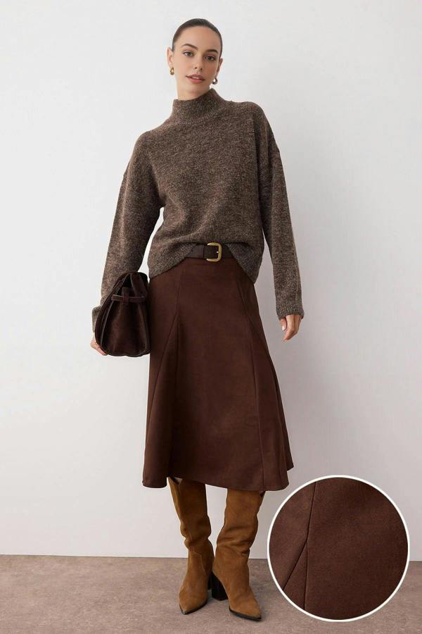 WOVCOR A-Line Woven Suede Midi Skirt