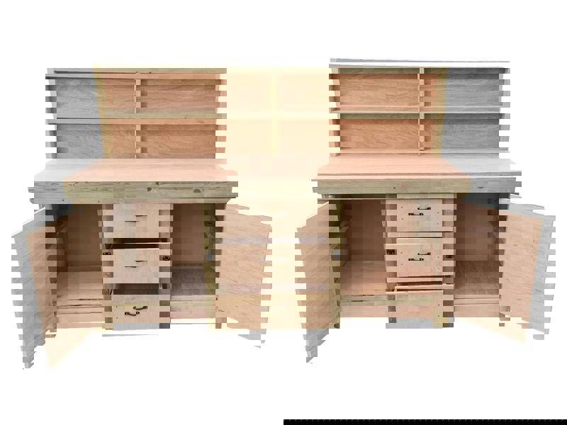 Arbor Garden Solutions Eucalyptus top workbench with drawers and double lockable cupboard (V.8) with back panel