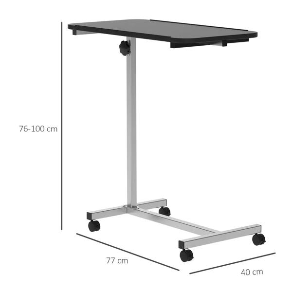 Black height-adjustable over-bed table with C-shaped top and rolling caster base