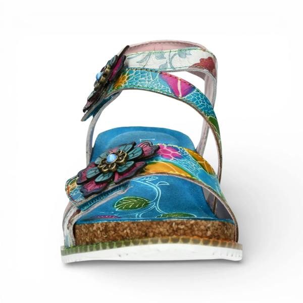 Laura Vita Bonito 32 - Women's Blue Floral Leather Wedge Sandals