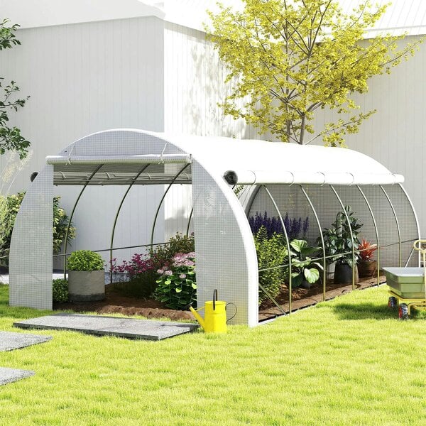 Bobobiy 6 x 3 x 2 m Polytunnel Greenhouse with Roll-up Side Walls, Walk-in Grow House Tent with Steel Frame, Zipped Door and 12 Mesh Windows, White