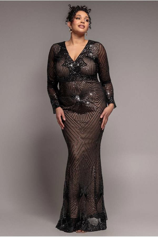 Goddiva Plus Starburst Sequin Maxi Dress - Black by Goddiva Plus