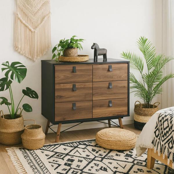 Wyld Haus Juno Black and Walnut Wood Double Chest of Drawers 6 Drawers
