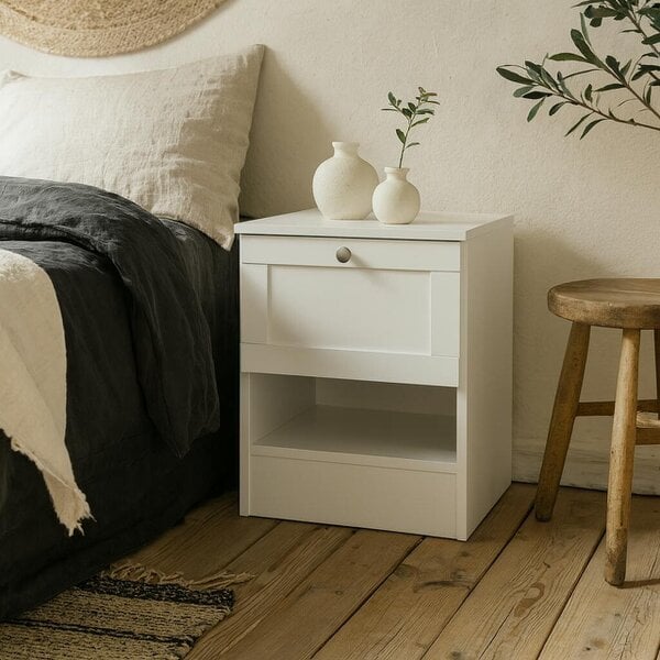 Wyld Haus Cherryfern White Wood Bedside Table 1 Frame Drawer 1 Open Shelf