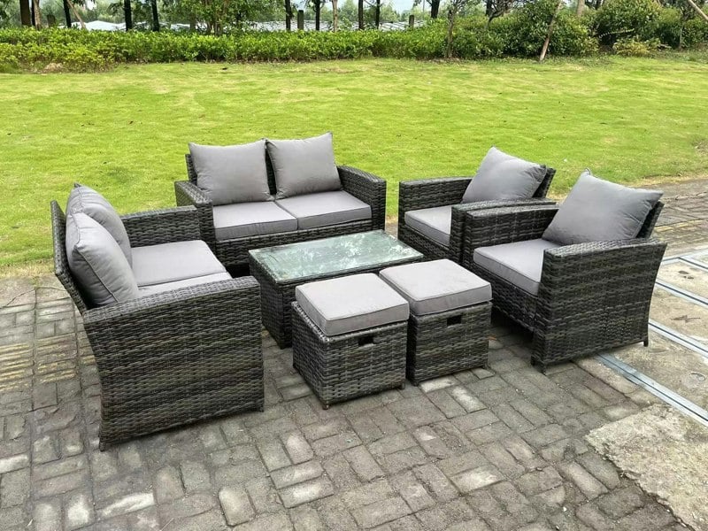 Fimous 8 Seater Dark Grey Mixed High Back Rattan Sofa Set Coffee Table Garden Furniture Outdoor Patio 2 Stools