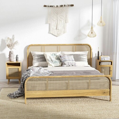 Wyld Haus Fiha Set Of 2 Natural Wooden Bedside Tables With Rattan Door And Top Shelf