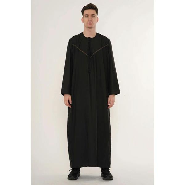 HM10 - Men's Emirati Omani Zipped Embroidery Thobe - Black - Thobez - 18