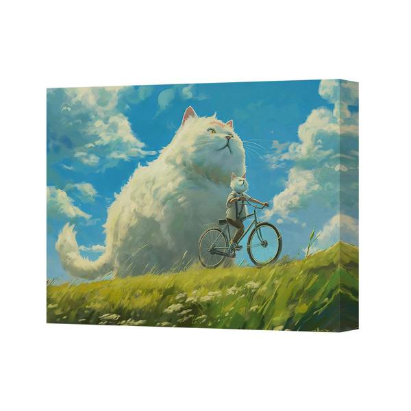 Benjamin Tate Design Whimsical Cat And Bicycle Rider Canvas Wall Art Landscape Scene