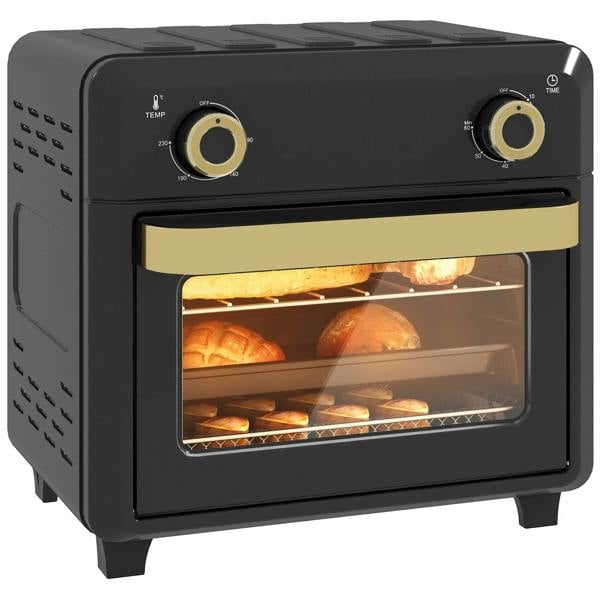 Black mini air fryer oven with glass door and two adjustable control knobs