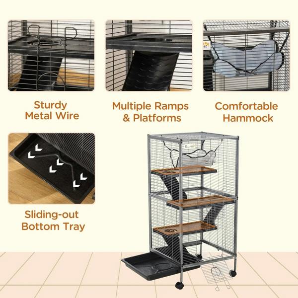 Silver small animal cage features: metal wire, ramps, hammock, and sliding tray bottom