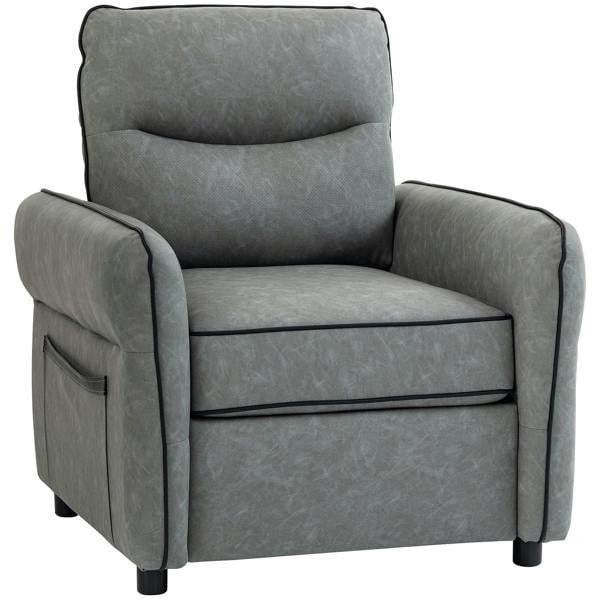 Grey faux leather accent chair with padded arms and back, square seat base