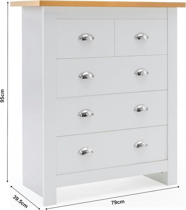 Kosy Koala 5-Drawer Dresser with Light Wood Top, White Bedroom Storage Chest, Silver Handles, W79cm