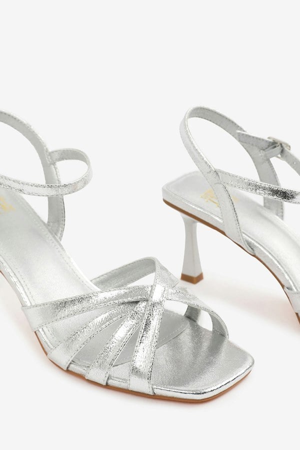 Where's That From Torigh Wide Fit Cross Over Multi Strap Adjustable Buckle Heel in Silver Crinkle Pu