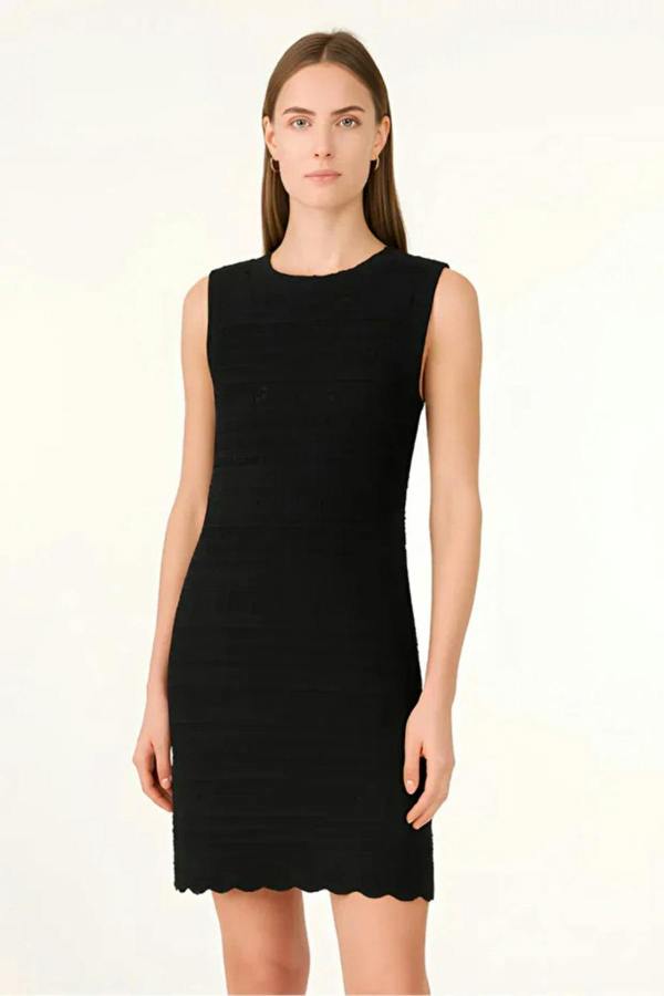 Hoxton Gal Black Crew Neck Openwork Sleeveless Knit Beach Dress with Relaxed Fit
