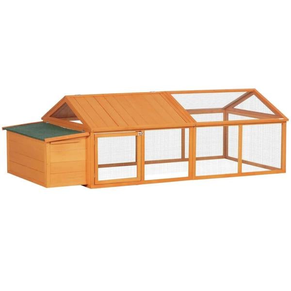 Orange wooden chicken coop with nesting box, openable roof, and wire-mesh run.