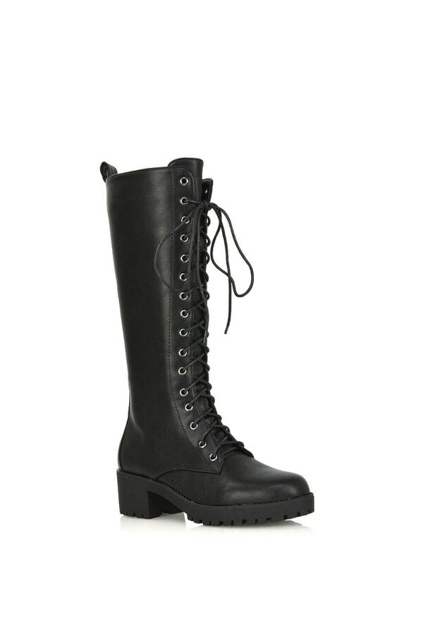 XY LONDON Lace Up Block High Heel Knee High Biker Boots