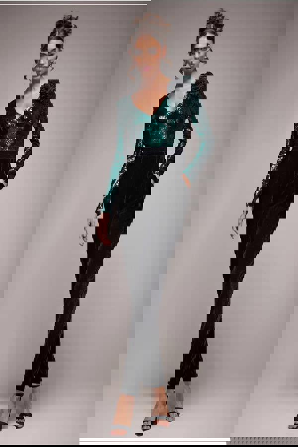 Liquid Sequin Jumpsuit With Corsage - Emerald Green TR380